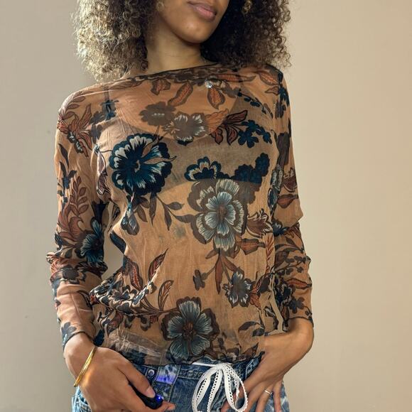 Vintage 90s micro mesh romantic floral long sleeves blouse (S/M) sheer grunge - Picture 7 of 7